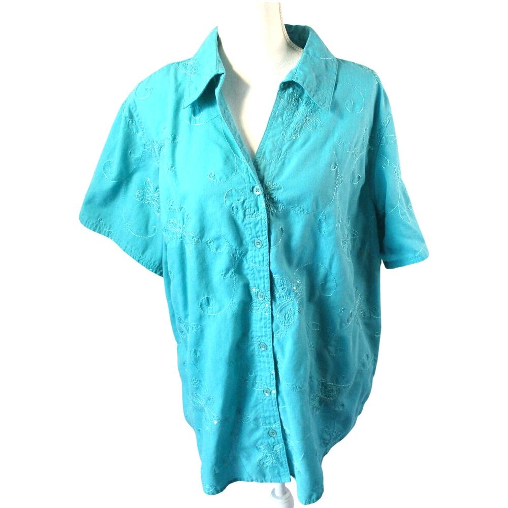 Lee Women's Plus Aqua Blue Short Sleeve Butterfly Beaded Button Blouse Size 2X